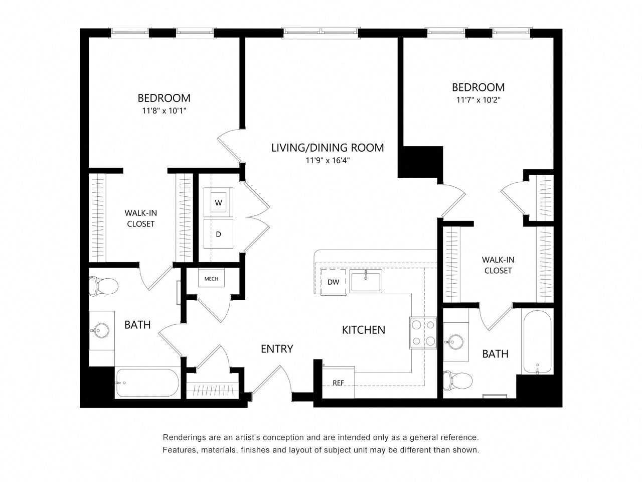 Floor plan for 2 beds, 2 baths, 1060 sqft